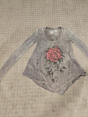 Affliction Thermal Knit Women's Top, Live Fast, Gray, Size XS
